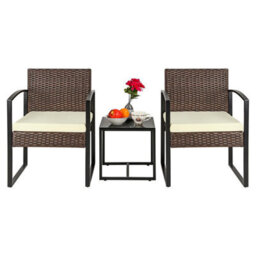 Taylor & Brown 3Piece Bistro Set, Outdoor Rattan Furniture With Cushioned Chairs & Glass Table For Garden, Balcony, Poolside - thumbnail 1