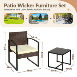 Taylor & Brown 3Piece Bistro Set, Outdoor Rattan Furniture With Cushioned Chairs & Glass Table For Garden, Balcony, Poolside - thumbnail 8