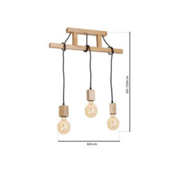Milagro Jack Natural Wood Pendant 3Xe27 Hand Made Rustic Ladder Style 60Cm With Rope Like Cables - thumbnail 6