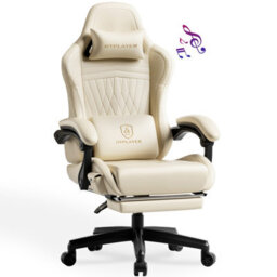Luckracer Gaming Chair With Speakers, Computer Chairs With Footrest Bluetooth Linkage, Ergonomic Height Adjustable Pc Chair, Ivory