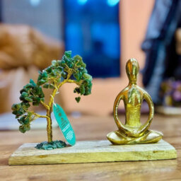 Serenityy Gemstone Yoga Garden Padmasana - Green Aventurine Tilted Tree With 100 Chipstones - Gold Figurine On Wooden Base