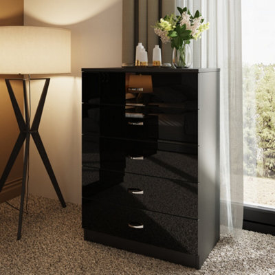 Fwstyle 5 Drawer Chest Of Drawers Black Gloss Bedroom Furniture - image 1
