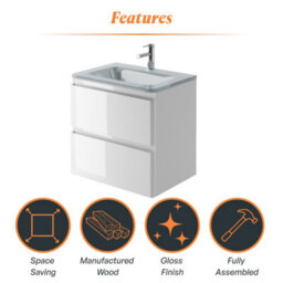 Plum&clay Marvel Gloss White Wall Hung Bathroom Vanity Unit With White Glass Basin (W)600mm - thumbnail 7