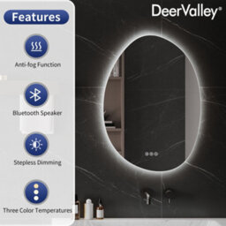 Deervalley Wall Hung  Bathroom Mirror Led Lights, Demister & Bluetooth Speaker, Dimmable 3 Colour Lights, Shatterproof Glass - thumbnail 3