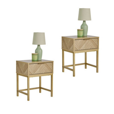 Vonhaus Bedroom Bedside Tables Set Of 2, Herringbone 1 Drawer Bedside Cabinets With Gold Handles & Legs, Light Wood Effect, Ducie - image 1