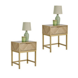 Vonhaus Bedroom Bedside Tables Set Of 2, Herringbone 1 Drawer Bedside Cabinets With Gold Handles & Legs, Light Wood Effect, Ducie