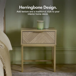 Vonhaus Bedroom Bedside Tables Set Of 2, Herringbone 1 Drawer Bedside Cabinets With Gold Handles & Legs, Light Wood Effect, Ducie - thumbnail 2
