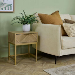 Vonhaus Bedroom Bedside Tables Set Of 2, Herringbone 1 Drawer Bedside Cabinets With Gold Handles & Legs, Light Wood Effect, Ducie - thumbnail 4