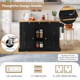 Abrihome 5-Wheel Farmhouse Kitchen Cart With Foldable Table 132Cm Dropleaf Island Unit With Drawer, Spice Rack & Usb Socket - thumbnail 3