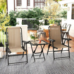 Outsunny 3 Pieces Folding Garden Bistro Set With Cup Holders, Khaki - thumbnail 1