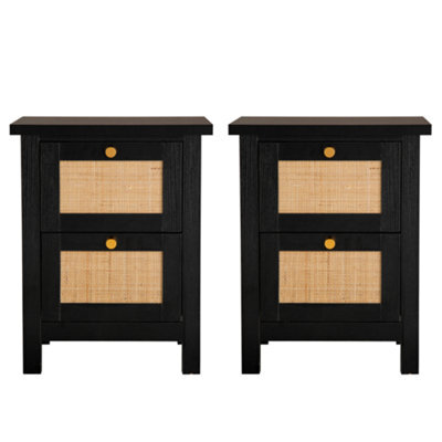Hallowood Furniture Newquay Black Bedside With 2 Drawer And Real Rattan Front (Pair) - image 1