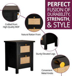 Hallowood Furniture Newquay Black Bedside With 2 Drawer And Real Rattan Front (Pair) - thumbnail 2