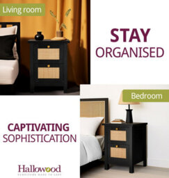 Hallowood Furniture Newquay Black Bedside With 2 Drawer And Real Rattan Front (Pair) - thumbnail 6