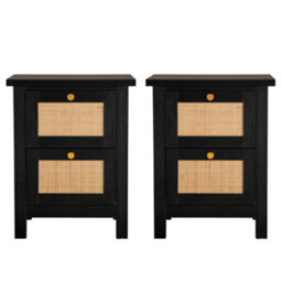 Hallowood Furniture Newquay Black Bedside With 2 Drawer And Real Rattan Front (Pair)