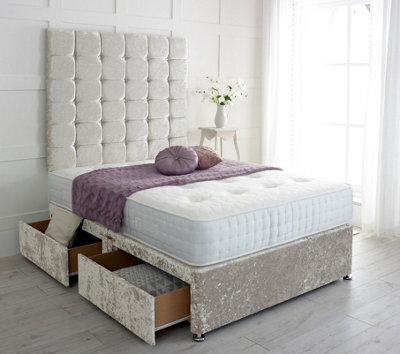 "Adore Designs Cubed Crushed Velvet Divan Bed, With Pocket Mattress & 36"" Headboard - 6Ft Super King - Cream - 0 Drawers"