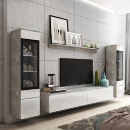 Vera Ii Wall Unit Living Room Storage System Concrete With White Gloss And Led Lights - thumbnail 2