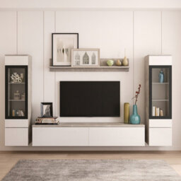 Vera Ii Wall Unit Living Room Storage System Concrete With White Gloss And Led Lights