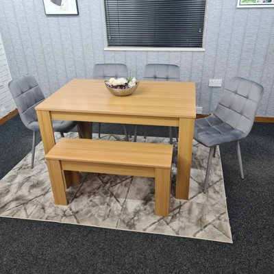Kosy Koala Oak Effect Dining Table Set With 4 Grey Velvet Chairs And Bench Dining Room Furniture - image 1
