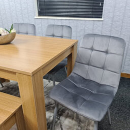 Kosy Koala Oak Effect Dining Table Set With 4 Grey Velvet Chairs And Bench Dining Room Furniture - thumbnail 8