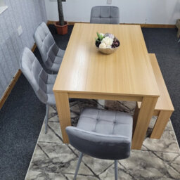 Kosy Koala Oak Effect Dining Table Set With 4 Grey Velvet Chairs And Bench Dining Room Furniture - thumbnail 4
