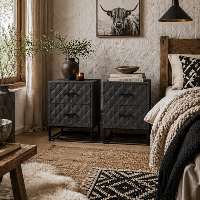Wyld Haus Nonare Set Of 2 Grey Retro Bedside Tables With 2 Drawers And Steel Legs - 40W X 39.5D X 48H Cm - image 1