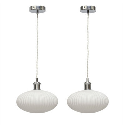 First Choice Lighting Set Of 2 Baton - White Ribbed Oval Glass Chrome Retro Pendant Fittings - image 1