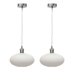 First Choice Lighting Set Of 2 Baton - White Ribbed Oval Glass Chrome Retro Pendant Fittings - thumbnail 1