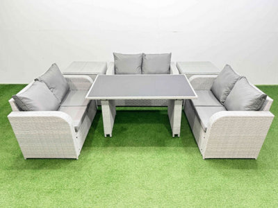 Fimous 6 Seater Patio Garden Furniture Sets With Black Glass Top Dining Table Love Sofa 2 Side Tables Light Grey - image 1