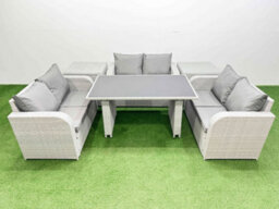 Fimous 6 Seater Patio Garden Furniture Sets With Black Glass Top Dining Table Love Sofa 2 Side Tables Light Grey - thumbnail 2