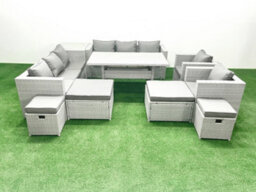 Fimous Rattan Garden Furniture Dining Set 12 Seater Lounge Sofa Chair Dining Table Set 4 Stools Side Table Light Grey - thumbnail 2