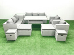 Fimous Rattan Garden Furniture Dining Set 12 Seater Lounge Sofa Chair Dining Table Set 4 Stools Side Table Light Grey - thumbnail 1