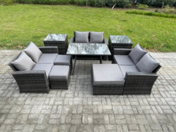 Fimous Outdoor Lounge Sofa Set Wicker Pe Rattan Garden Furniture Set With Rectangular Dining Table 2 Seat Sofa 2 Side Tables - thumbnail 2