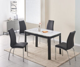 Furnizone UK Milano 4-Seater White Marble-Effect Glass Dining Table And 4 Modalux Black Faux Leather Chairs