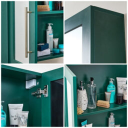 Homestylestore 900 X 650mm Dark Green Wall Mounted Mirrored Door Bathroom Cabinet And Brushed Brass T Bar Handles - thumbnail 3