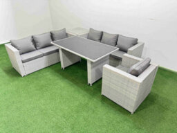 Fimous Patio Garden Furniture Sets With Black Glass Top Dining Table 3 Seater Sofa Armchair Side Table Light Grey - thumbnail 2