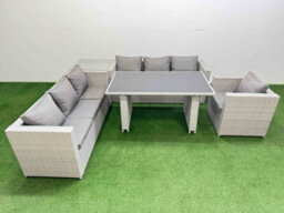 Fimous Patio Garden Furniture Sets With Black Glass Top Dining Table 3 Seater Sofa Armchair Side Table Light Grey - thumbnail 1