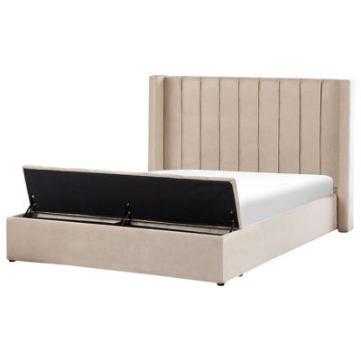 Beliani Bed With Storage Bench Velvet Noyers 160 X 200 Cm (Eu King Size) Beige - image 1