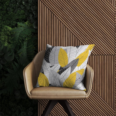 Warren Reed Designer Yellow Grey Feather Leaves Outdoor Cushion 60Cm X 60Cm