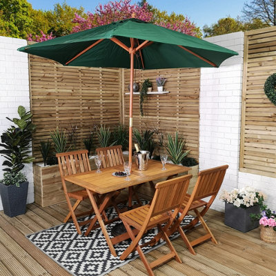 Samuel Alexander Outdoor 4 Person Folding Rectangular Wooden Garden Dining Table Chairs Green Parasol And Base Set - image 1