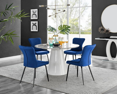 Furniturebox Uk Palma White Marble Effect Round Dining Table & 4 Blue Nora Black Leg Chairs