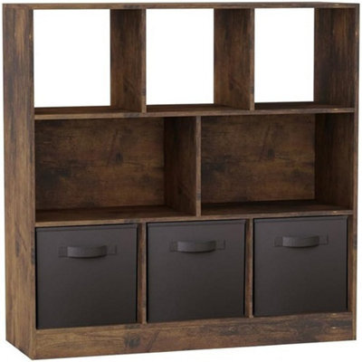 Urbn-Living Urbnliving Asymmetrical 8-Cube  Rustic Brown Bookcase Storage Unit With 3 Fabric Drawer Inserts - Black