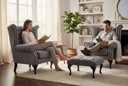 Chesterfield 2 X Wing Chairs + Footstool Verity Plain Steel Fabric In Queen Anne Style - thumbnail 3