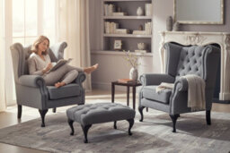 Chesterfield 2 X Wing Chairs + Footstool Verity Plain Steel Fabric In Queen Anne Style - thumbnail 2