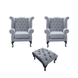 Chesterfield 2 X Wing Chairs + Footstool Verity Plain Steel Fabric In Queen Anne Style - thumbnail 1