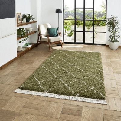 Green Geometric Shaggy Rug, Stain-Resistant 45mm Thick Modern Rug For Bedroom, Living Room, & Dining Room-200Cm X 290Cm