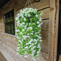 Best Artificial 90Cm Trailing Lily Hanging Basket With 480 White Flowers In Rattan Wicker Basket For Indoor Or Garden Use - thumbnail 1