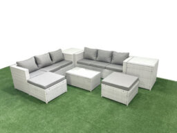 Fimous Garden Outdoor Pe Rattan Furniture Set 8 Seater Rattan Garden Sofa Set 2 Big Stools 2 Side Tables Light Grey - thumbnail 1