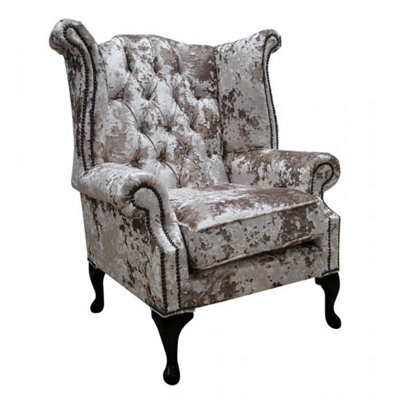 Chesterfield High Back Wing Chair Lustro Charm Velvet Fabric In Queen Anne Style - image 1