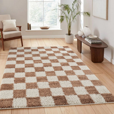 Chester Living Room Shaggy Area Rug Modern - Contemporary Checkered Design - Hallway Runner Indoor Rug Terracotta 160X230 Cm - image 1