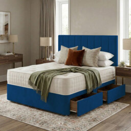 Adore Designs Portland Plush Velvet Divan Bed, Headboard & Mattress - 5Ft Kingsize - Blue - 2 Drawers Foot End - thumbnail 1